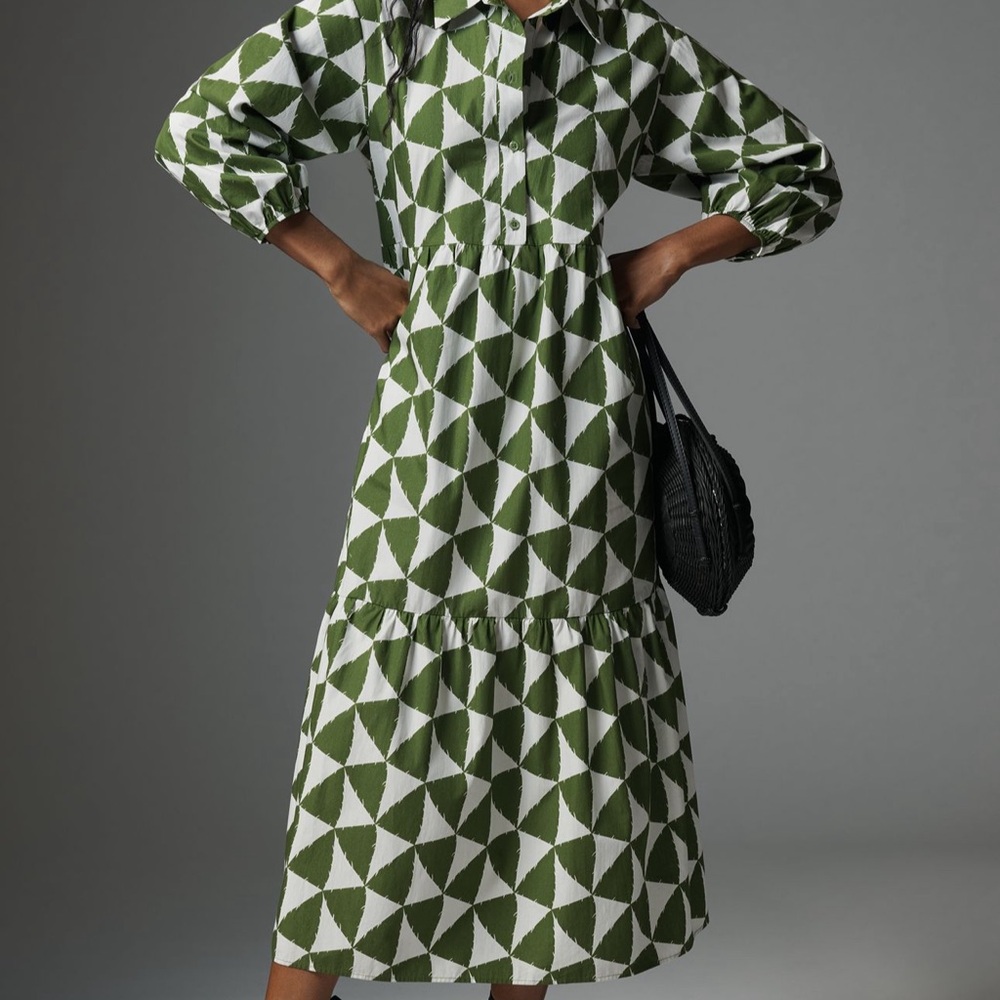 Medium Maeve Anthropologie Bettina Tiered Shirt Dress. Green & White Triangle